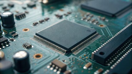 Poster - Close Up of Motherboard Detail with Electronic Components and Chips