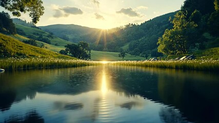 Wall Mural - serene landscape with tranquil river reflecting sunset and mountains, surrounded by natures beauty.