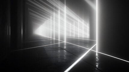Aufkleber - Illuminated perspective of geometric hall with light beams in monochrome