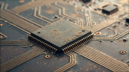 Poster - Dusty Central Chip on Aging Circuit Board with Missing Connections