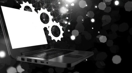 Laptop with gears, digital network