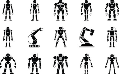 Poster - Collection of various stylized robot illustrations and robotic arms in minimalist flat black and white icon design