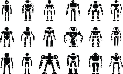Poster - A collection of futuristic robot designs in black and white silhouettes for science fiction and technology concepts