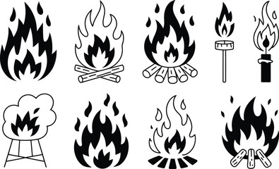 Poster - Vector illustration collection of various bonfire flames, torches, and campfire elements in black and white