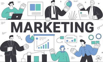 Poster - Marketing professionals analyzing data charts and diagrams with business team members working together in a flat style
