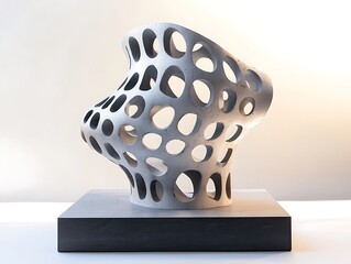 Poster - Contemporary perforated sculpture resting on a dark base against light backdrop