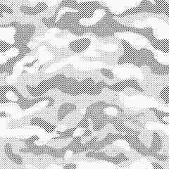 Poster - Abstract halftone seamless camouflage pattern. Repeating digital dotted hexagonal camo military texture background. Abstract modern fabric textile ornament. Vector illustration.