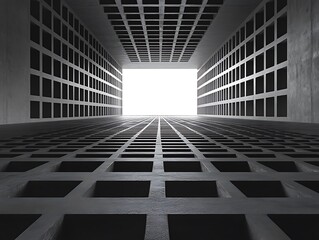 Poster - Geometric perspective architecture, leading to a bright luminous rectangular outlet