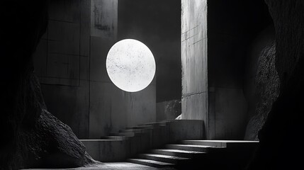 Poster - Monochrome surreal staircase within a concrete architecture with floating sphere