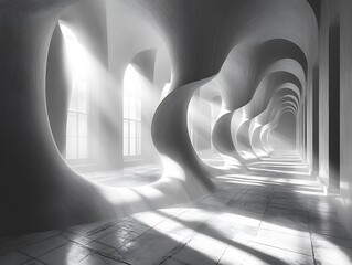 Poster - Ethereal architecture, serene corridor bathed in sunlight, creating an inviting atmosphere