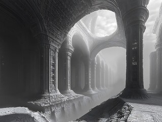 Poster - Mystical architectural grandeur featuring columns in a monochrome landscape