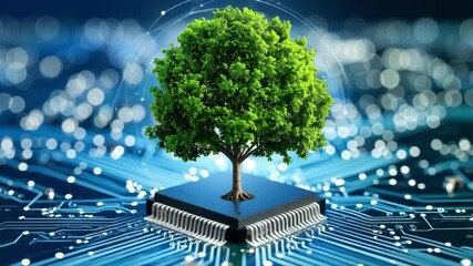 Aufkleber - Abstract green tree growing on computer chip, symbolizing technology and environmental sustainability in future innovation concept