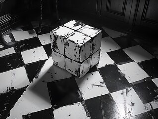 Poster - Monochromatic interplay of spatial puzzle and chessboard floor creates a dimension