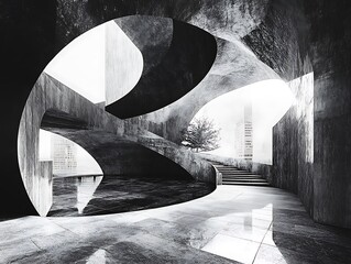 Poster - Ethereal concrete vortex, an architectural study in monochrome and perspective