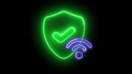 Poster - Neon animation of a green shield and check mark icon with a WiFi symbol. Secure WiFi network concept.