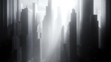 Poster - Monochromatic cityscape with light rays piercing through high rise buildings