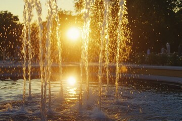 Poster - Water jet dances in slow motion under golden sunset rays at a tranquil fountain, jet of water slow motion in the sunset rays of the sun