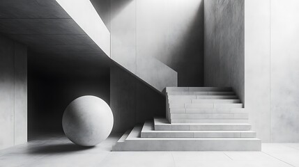 Poster - Monochromatic vision of geometric interior with sphere and staircase accent