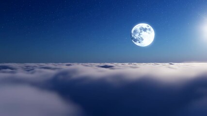 Wall Mural - Flying Over the Infinite Clouds with the Night Moon Shining. Beautiful Moon in the Skies 