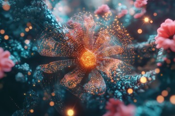 Poster - Futuristic representation of network growth with radiant floral patterns and glowing connections, 4K Futuristic Network Growth 3D