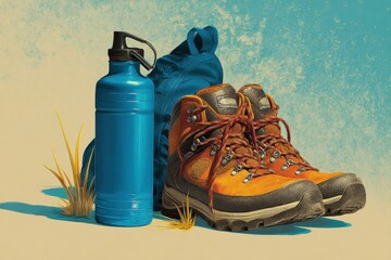 Aufkleber - Summer Hiking Gear With Water Bottle and Boots Highlighted Against a Faded Background in a Vibrant Outdoor Illustration