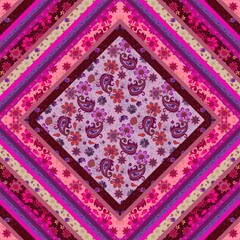 Wall Mural - beautiful patchwork pattern with a rhombus and stripes decorated with paisley and flowers. seamless 