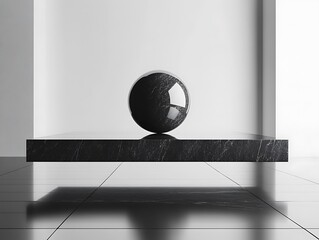 Poster - Minimalist Composition: Dark Marble Sphere on Elevated Plane in Clean White Space