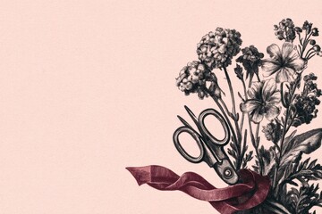 Aufkleber - Illustration of Garden Flowers With Scissors and Ribbon, Capturing the Essence of Floral Arrangements in a Creative Layout