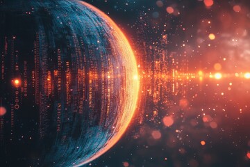Poster - Digital data processing represented through binary code orbiting a globe in a vibrant cosmic setting, binary coding digital data processing over globe
