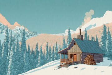 Aufkleber - Mountain Cabin Surrounded by Snow With Woodpile and Smoke Against a Backdrop of Winter Trees and Mountains