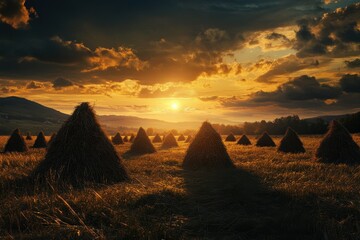 Poster - Stacks of straw silhouetted against a vibrant sunset over a rural field, stacks of straw at sunset on the field