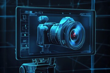 Poster - Illustrated view of a video camera display showcasing detailed camera features and metrics in a high-tech design, Illustrated frame of the video camera screen in resolution