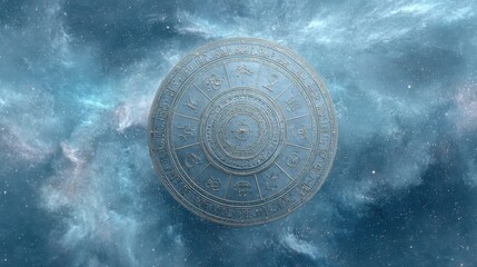 Poster - Radiant Zodiac Wheel Mandala with Astrological Symbols and Constellations in Cosmic Space for Spiritual and Mystical Digital Content