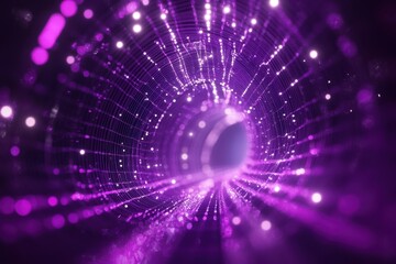 Poster - Exploring the depths of a vibrant purple wireframe wave tunnel filled with glowing lights, Abstract purple wireframe wave tunnel background
