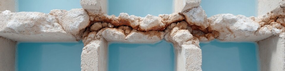 Poster - Deteriorating concrete bridge pillars with rusty exposed reinforcement bars showing structural damage and corrosion, symbolizing infrastructure risk and maintenance needs