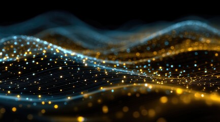 Wall Mural - Abstract digital landscape of undulating, glowing particles in teal and gold, creating a sense of depth and movement against a dark background