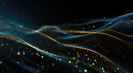 Wall Mural - Abstract waves of blue and gold particles flow across a dark background, creating a sense of depth and movement