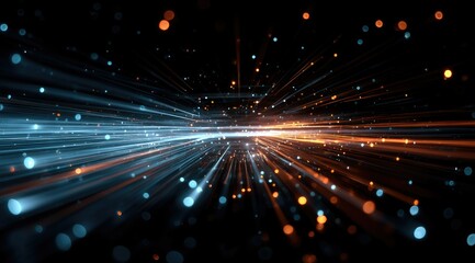 Wall Mural - Abstract digital artwork depicting a vibrant, multicolored light streak radiating outwards from the center against a dark background, interspersed with glowing particles