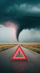 Poster - Storm Alert Sign on Rural Road with Tornado and Lightning Strikes, Wet Asphalt Reflecting Dark Sky - Extreme Weather Hazard Awareness for Safety and Risk Prevention