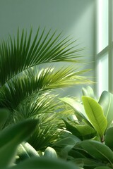 Aufkleber - Lush green tropical plants bathed in natural sunlight with detailed textures on vibrant foliage, showcasing a modern biophilic interior trend for wellness and eco design