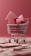 Poster - CPI Shopping Cart with Upward Arrows on Scattered Hundred Dollar Bills Symbolizing Inflation, Rising Consumer Costs, and Economic Pressure in Financial Marketing