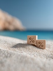 Poster - Minimalist wooden blocks with percentage symbols on sandy beach with ocean backdrop, reflecting economic trends and financial forecast in a natural setting