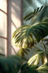 Poster - Ultra-realistic tropical plant leaves with sunlight filtering through windows in lush garden setting, sharp focus for eco lifestyle and wellness branding