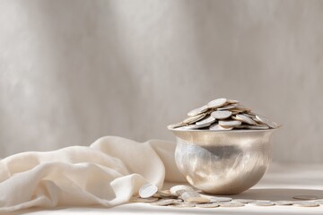 Poster - Akshaya Tritiya Silver Pot Overflowing with Coins for Wealth and Investment Symbolism in Modern Banking and Financial Prosperity Visual Promotion