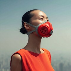 Poster - Urban Air Quality Awareness Asian Woman Wearing Modern Respiratory Mask Amid Smoggy Skyline - Pollution Protection and Health Precaution Trend