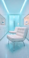 Aufkleber - Futuristic Wellness Sanctuary Minimalist Chrome and Sky Blue High-Tech Interior Design Showcasing Advanced Medical Aesthetic Clinic Environments
