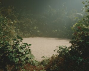 Poster - Ethereal Nature Escape Misty Forest Clearing with Soft Sunlight - Minimalist Landscape Capturing Serene Wilderness Meditation Moments