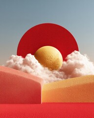 Poster - Surreal Minimalist Landscape Textural Geometric Clouds and Gradient Spheres - Contemporary Digital Art Exploring Zen Aesthetics and Visual Innovation