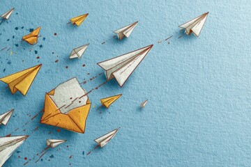 Aufkleber - Illustration Showing Email Bounce Back With Paper Planes Crashing Into an Envelope Against a Soft Blue Background