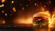 © Tararat - Juicy beef burger with lettuce, tomato, cheese, and sesame seed bun is set against fiery background with sparks and flames, creating dramatic and intense visual effect